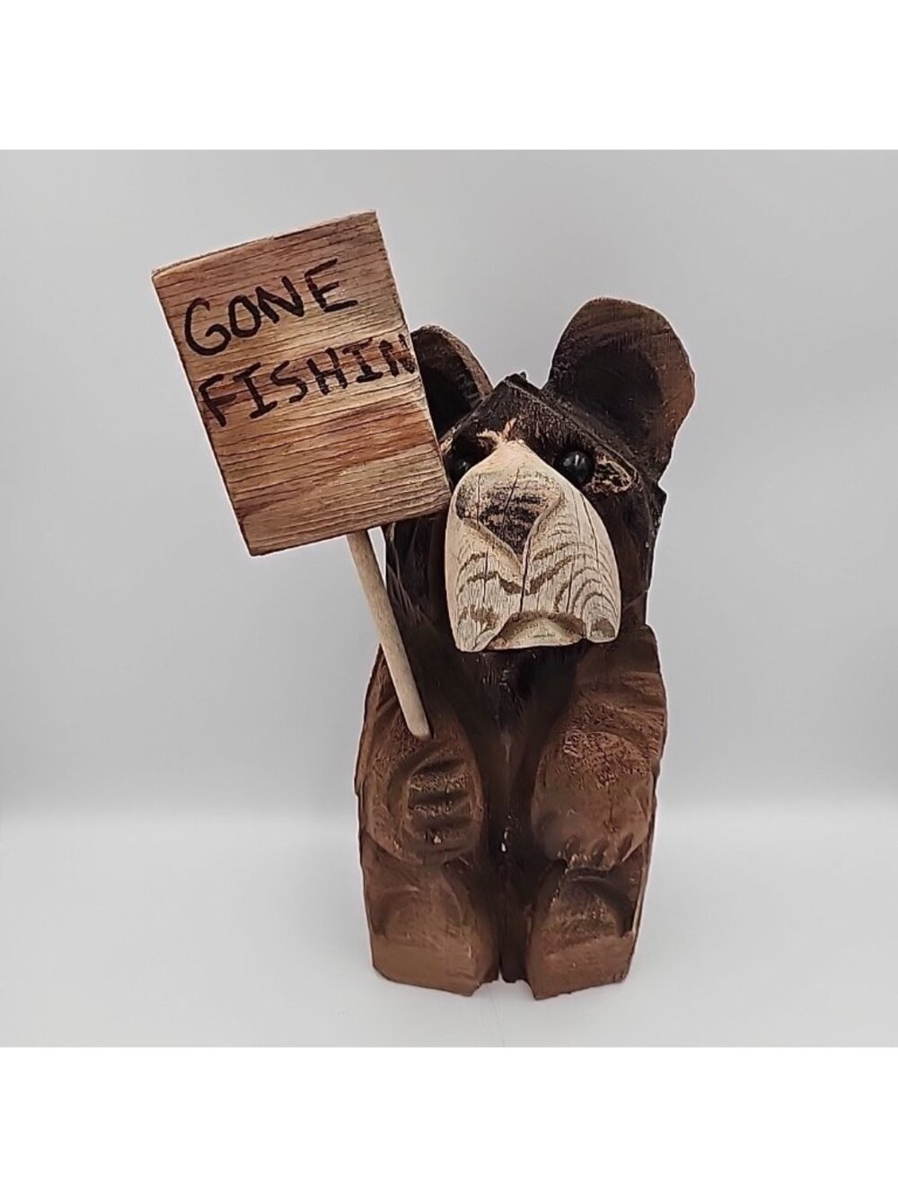 Vintage Gone Fishing Carved Wooden Bear Free Standing Yard Art 12"